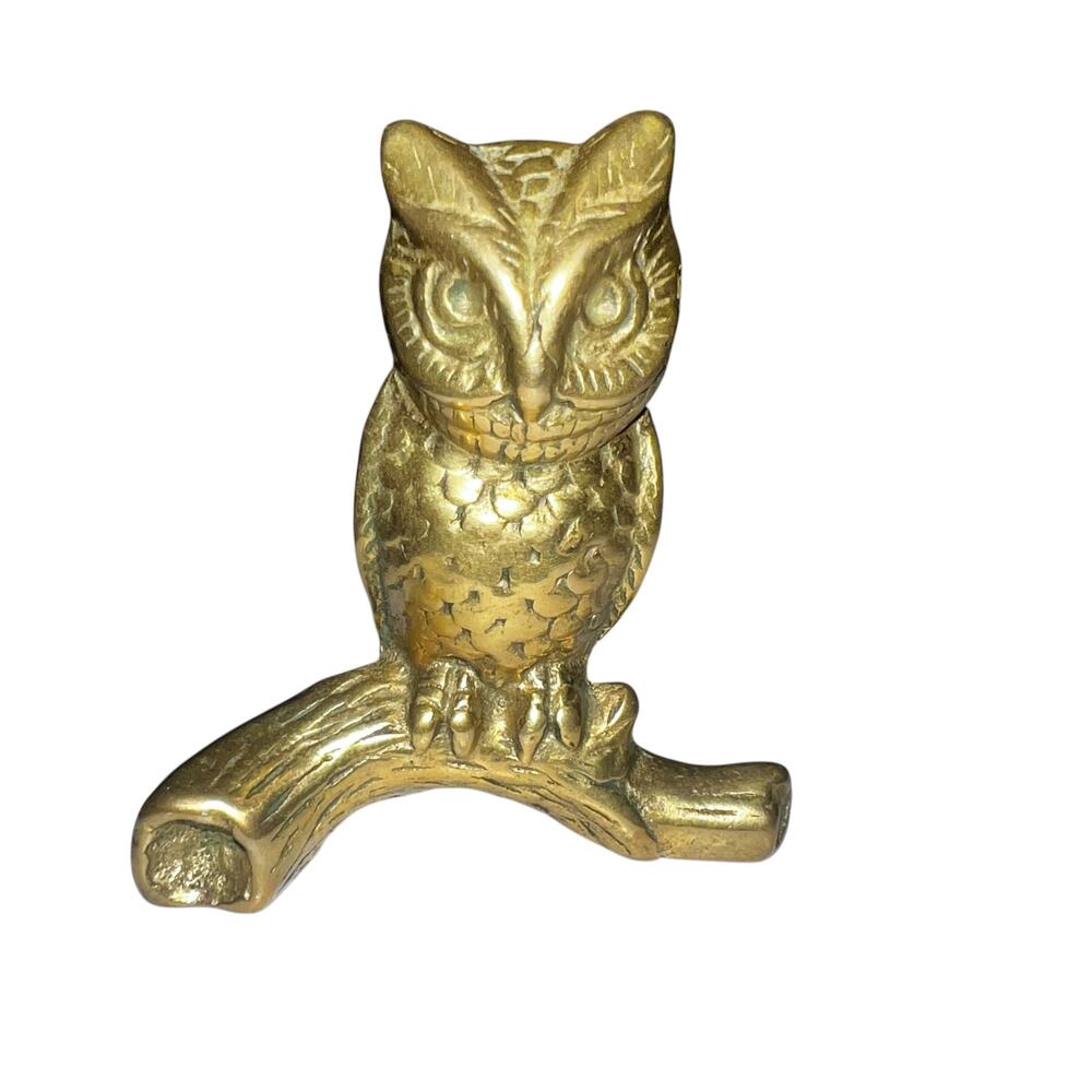 Vintage Solid Brass Perched Owl Detailed Figurine MCM Boho Decor 2 3/4” Tall